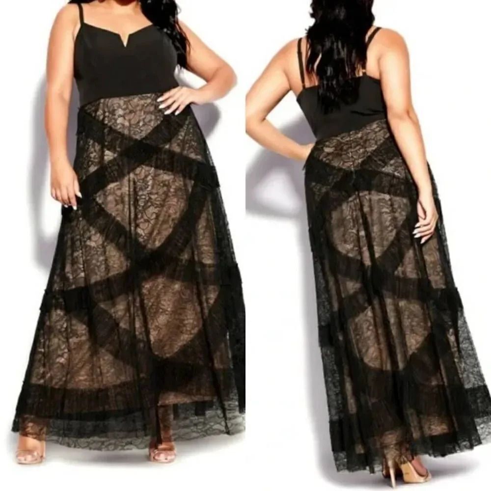 City chic maxi sexi ruffles black lace dress M/18 NWT